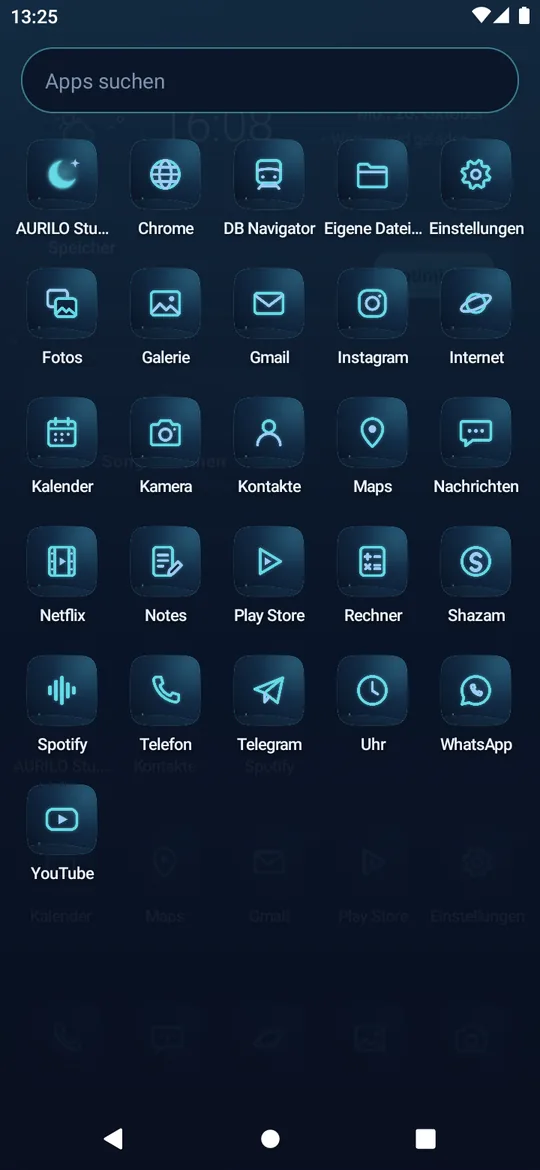 App-Liste des AURILO Startbildschirms: Apps wie Chrome, WhatsApp, Spotify, Maps und Kamera mit leuchtenden Symbolen aus dem Iconpack.