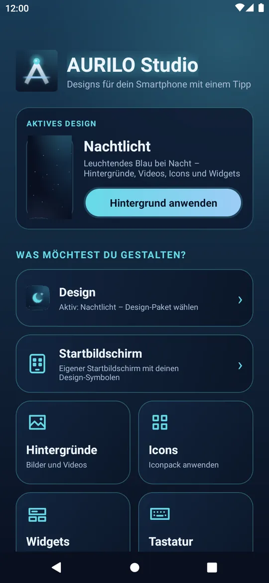 Hauptmenü der App mit dem aktiven Design-Paket Nachtlicht und den Bereichen Design, Startbildschirm, Hintergründe, Icons, Widgets und Tastatur.