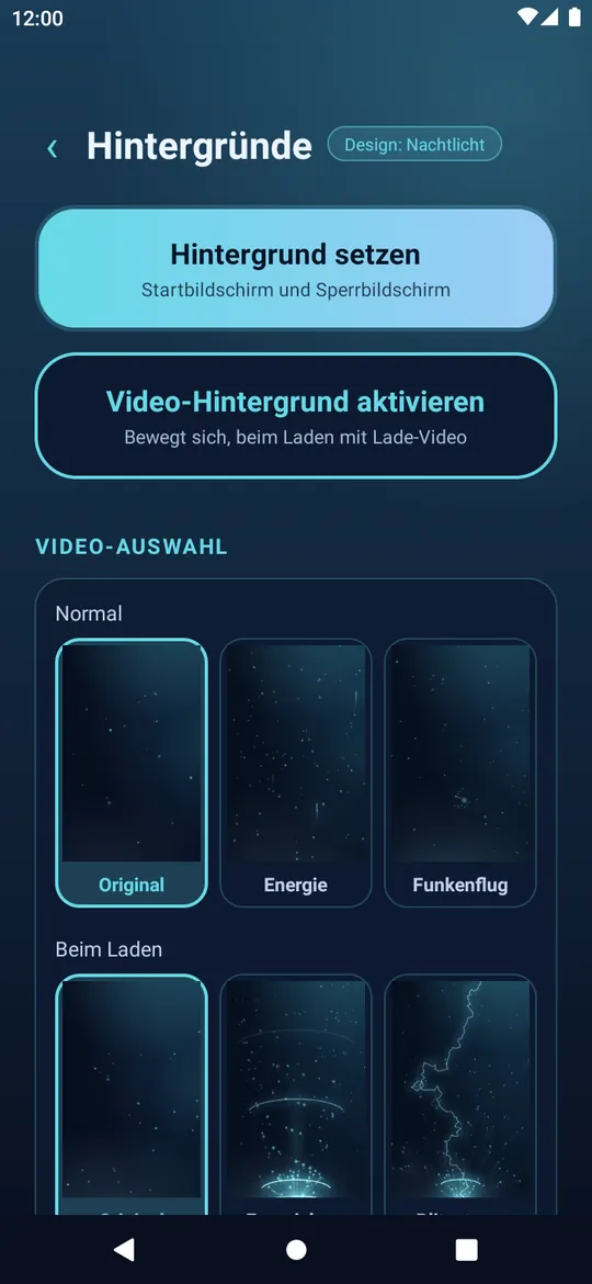 Seite Hintergründe mit den Knöpfen Hintergrund setzen und Video-Hintergrund aktivieren und einer Auswahl leuchtender Videos.