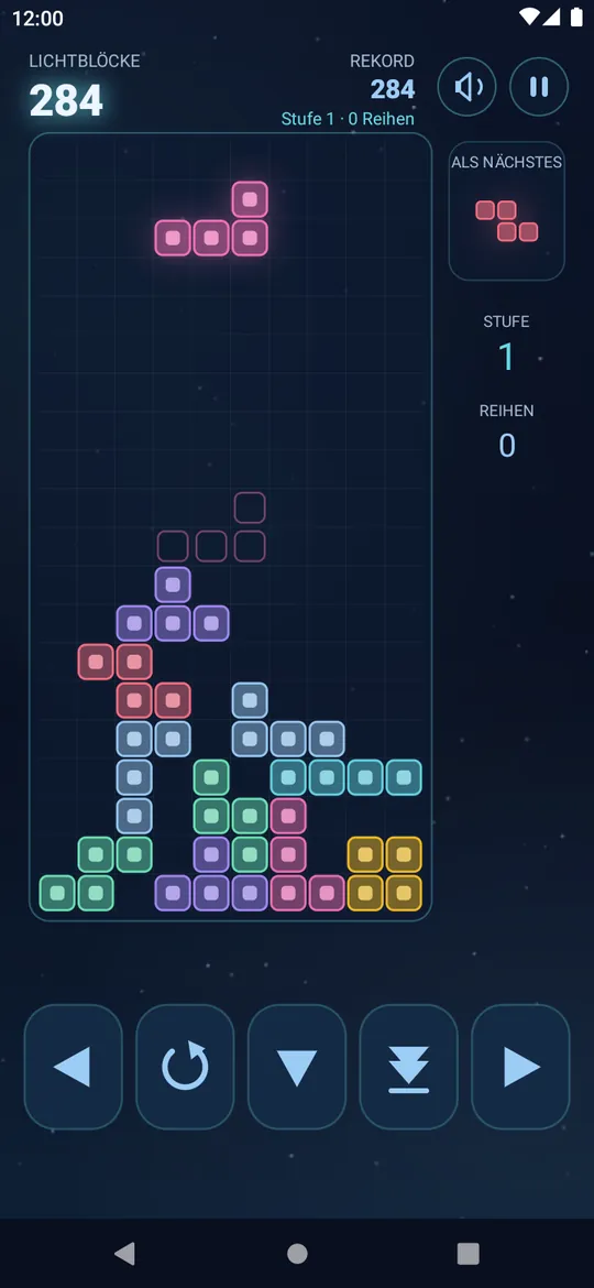 Das Spiel Lichtblöcke: leuchtende Blöcke fallen in ein Raster und werden zu vollen Reihen geordnet.