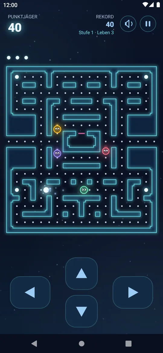 Das Spiel Punktjäger: ein Lichtfunke sammelt Punkte im Labyrinth, vier bunte Schatten sind ihm auf der Spur.