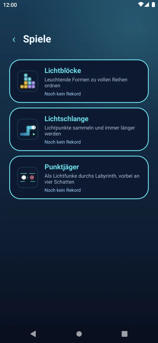 Spiele-Menü der App mit Lichtblöcke, Lichtschlange und Punktjäger.