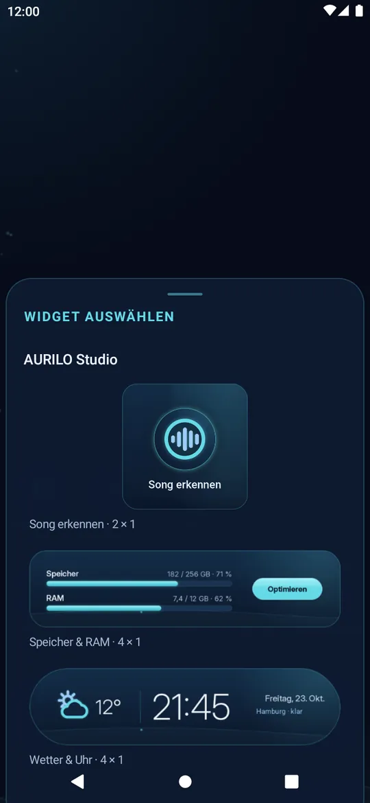 Widget-Auswahl mit den Widgets Song erkennen, Speicher und RAM sowie Wetter und Uhr.